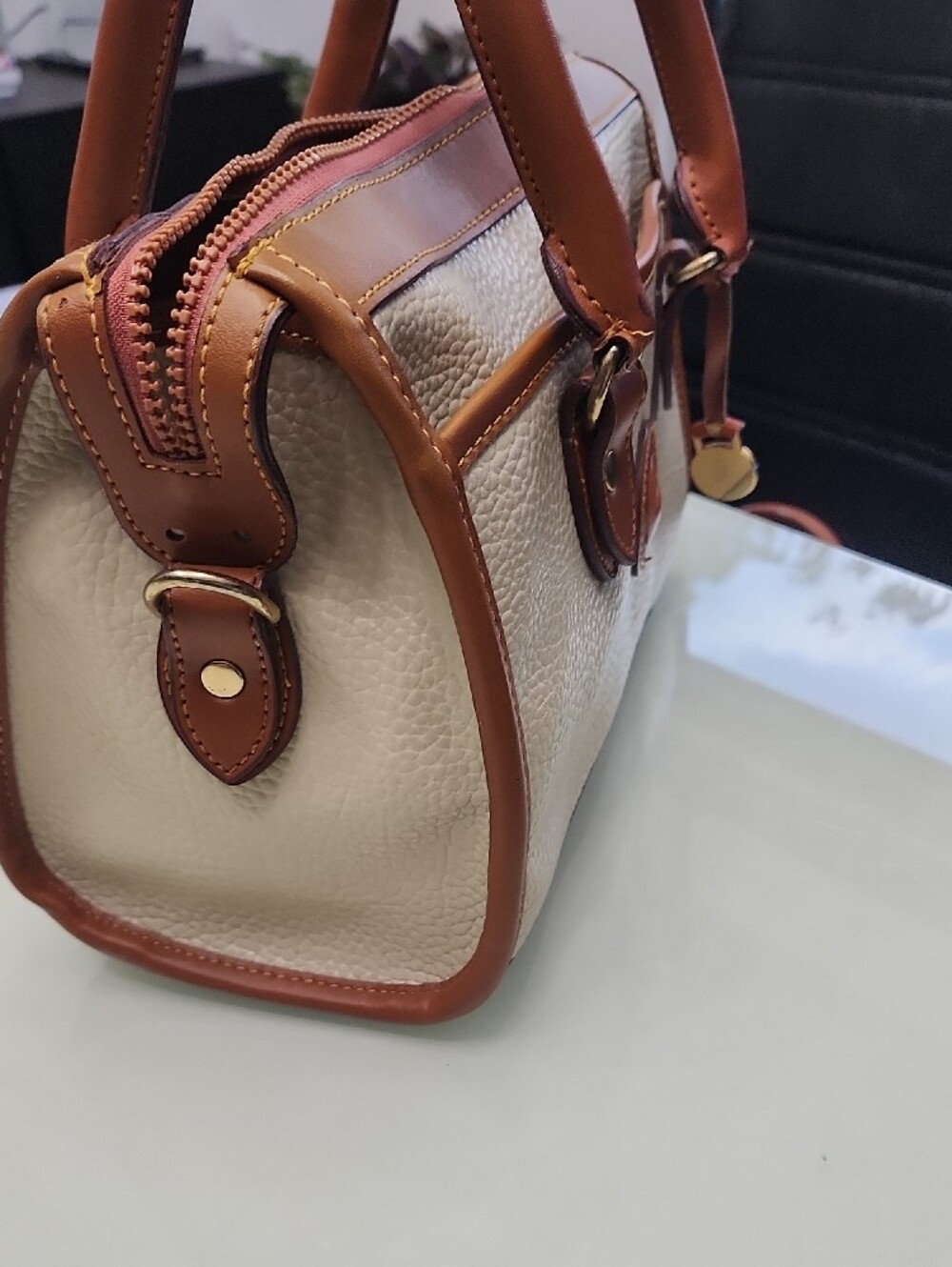 Dooney & Bourke Beige and Brown Pebbled Leather Satchel Mossing Shoulder Strip - Picture 14 of 15